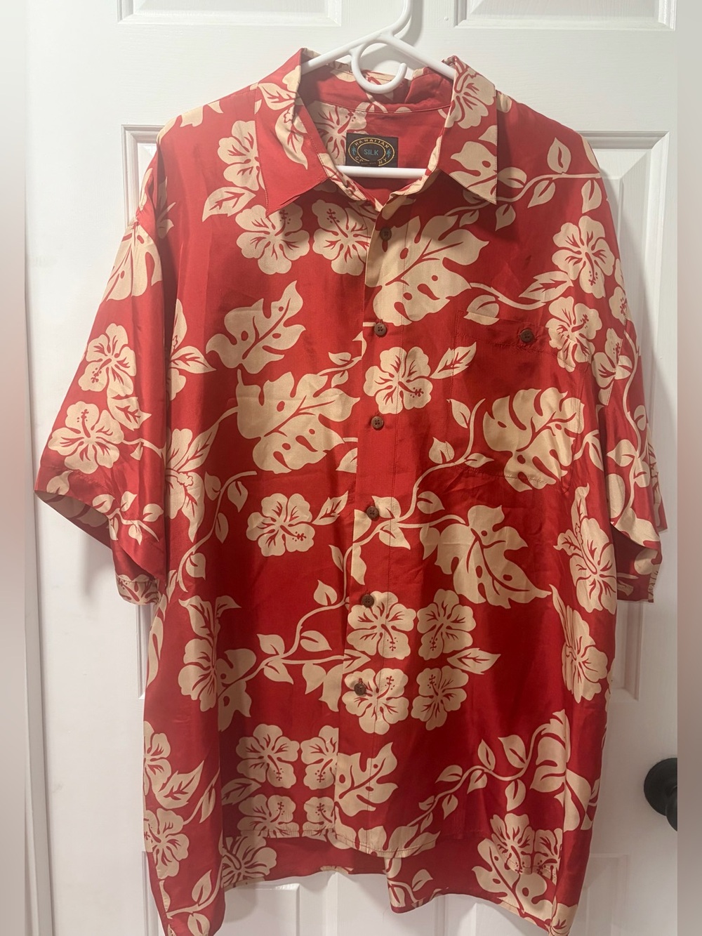 Hawaiian Silk Company Red Hibiscus Monstera Silk Aloha Shirt Men's XL